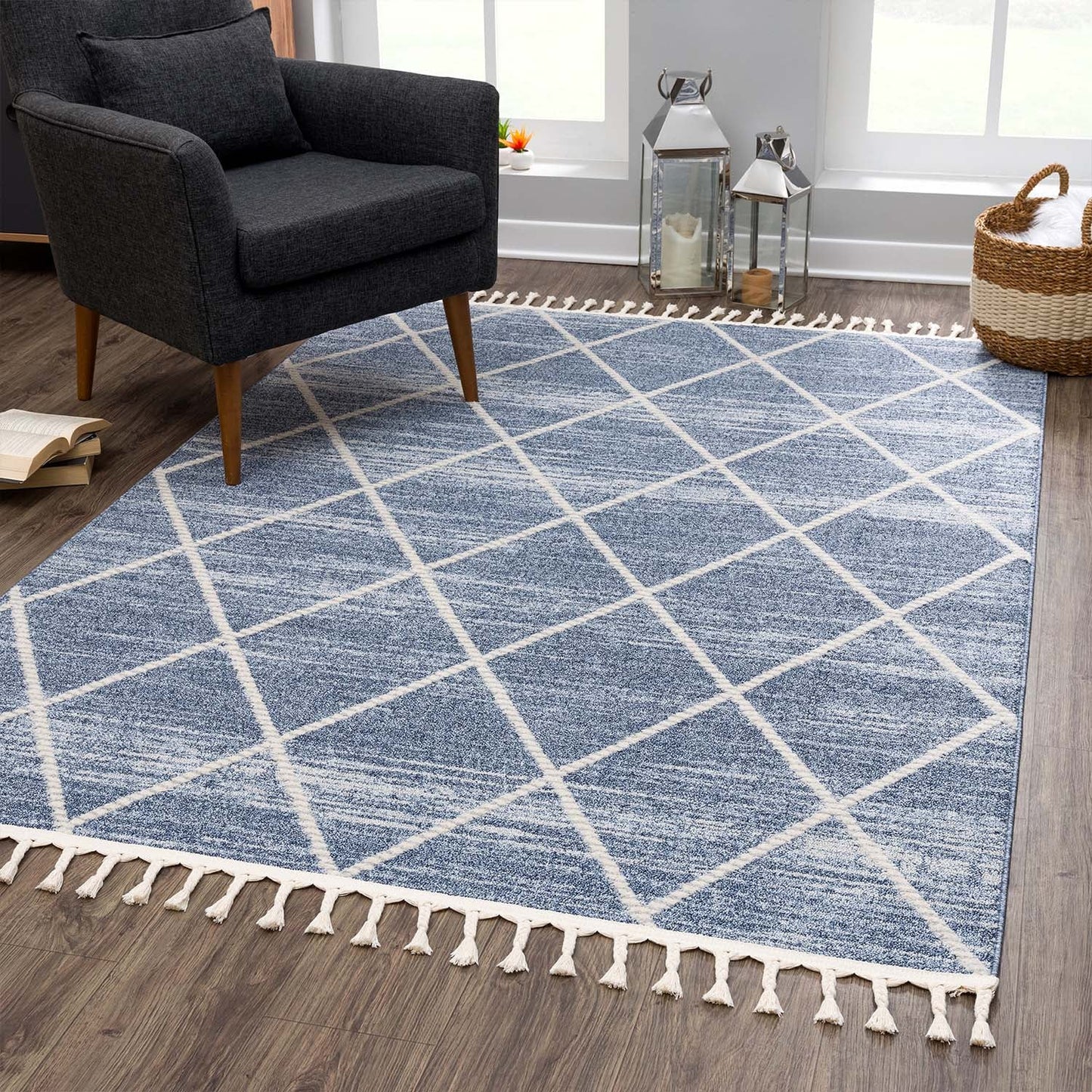 Tapis géométrique à franges tressées - Bleu et Crème