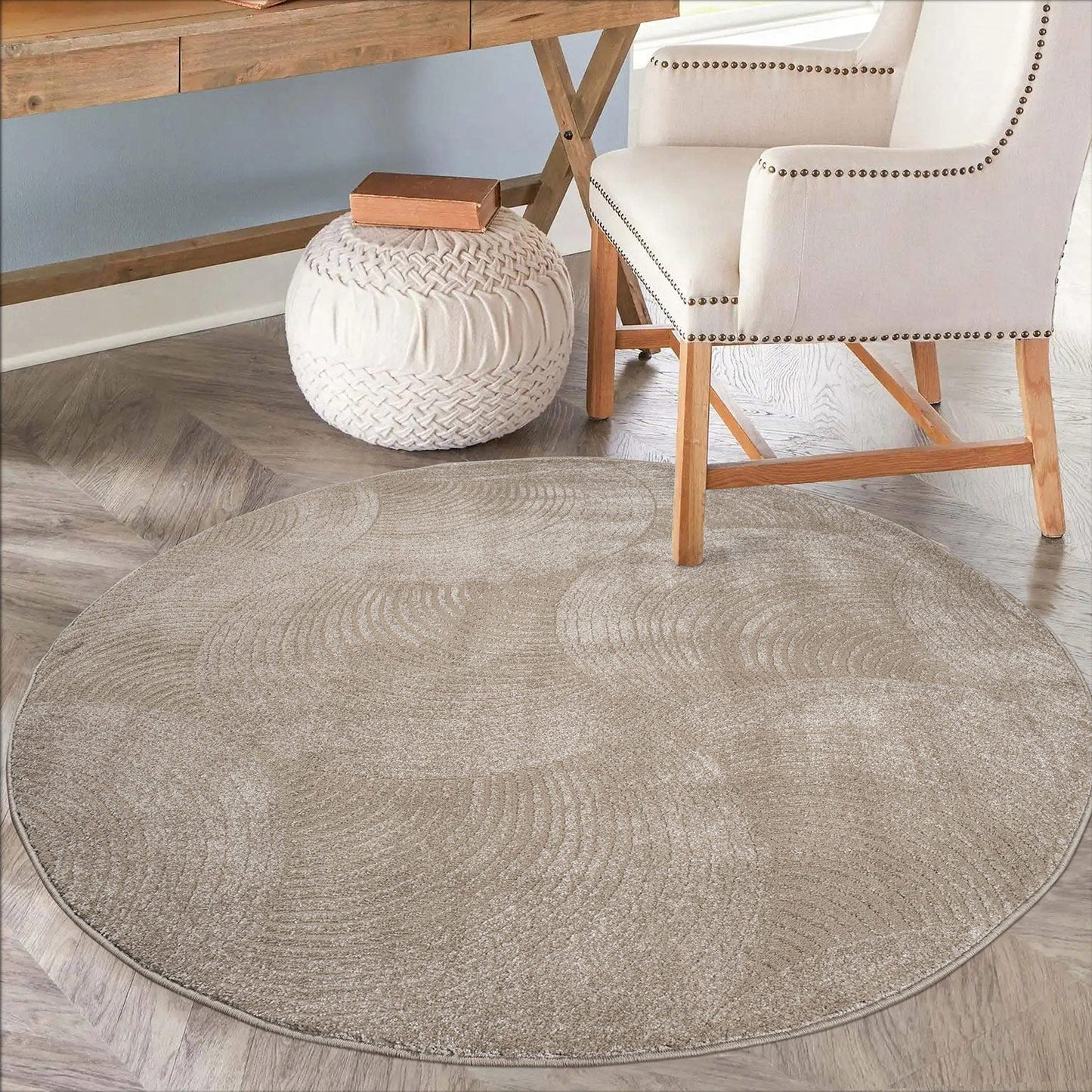 Tapis Rond uni à motifs Arc en relief - Beige