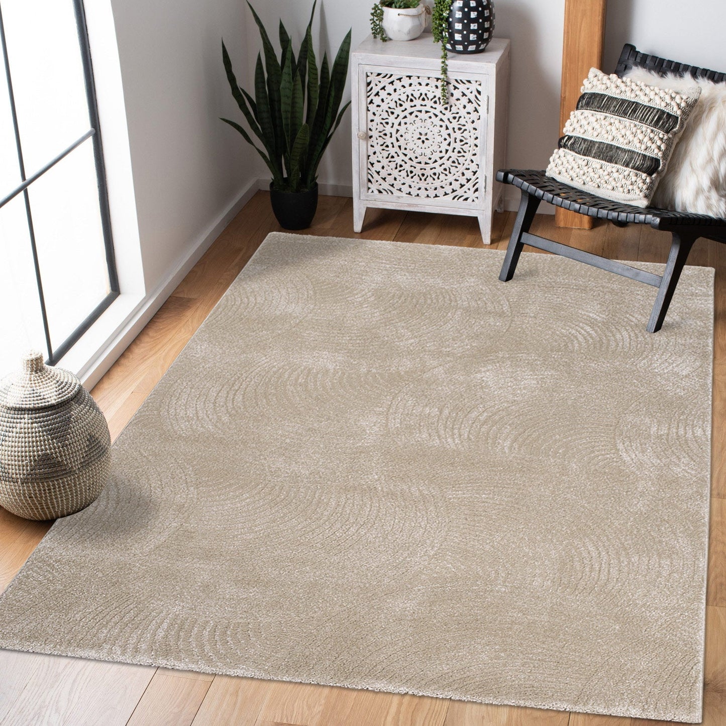 Tapis uni à motifs Arc en relief - Beige