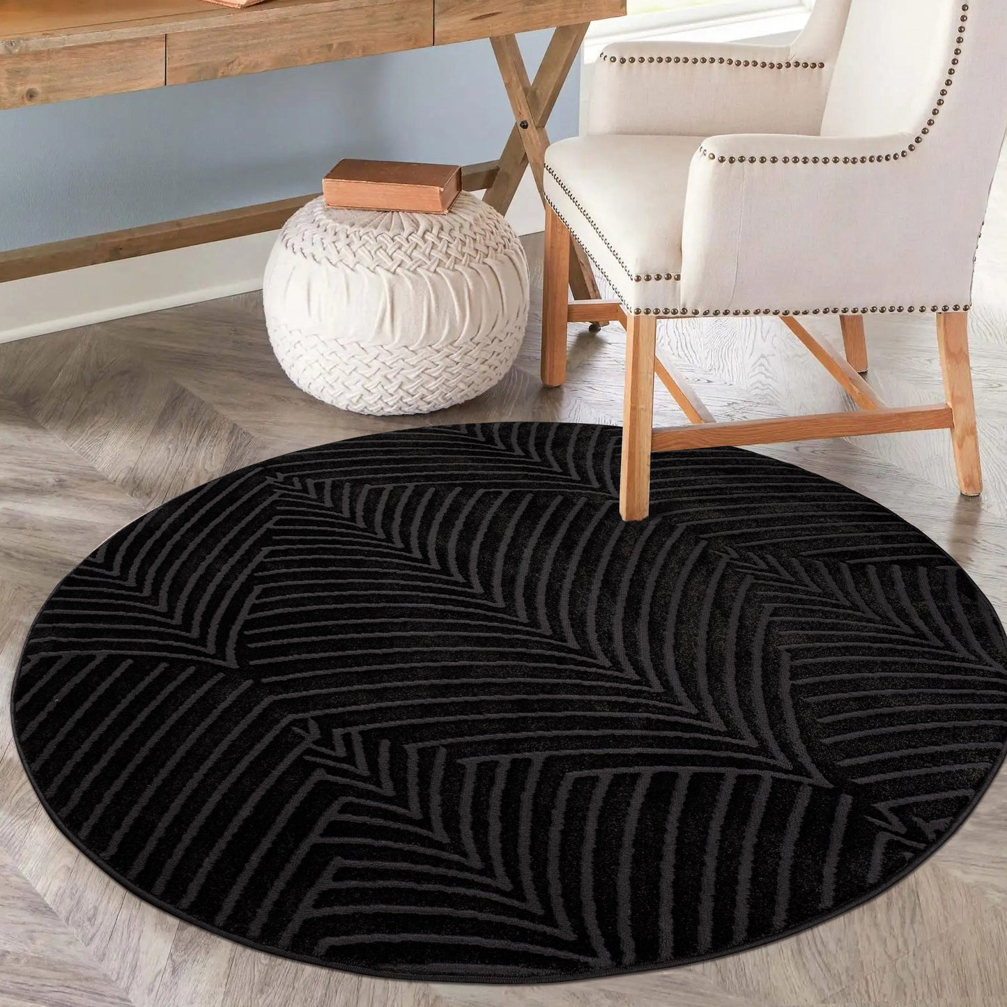 Tapis Rond à motifs feuillages en relief - Anthracite