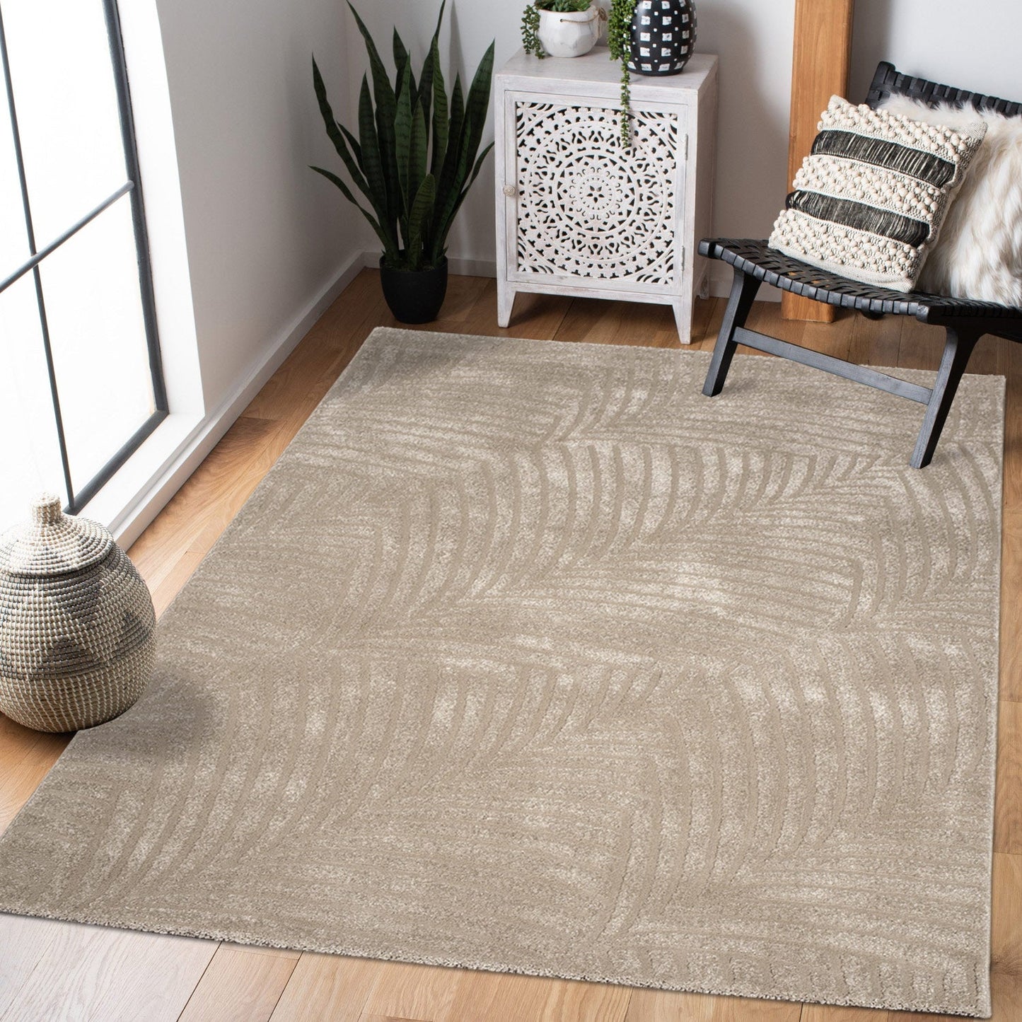 Tapis uni à motifs feuillages en relief - Beige