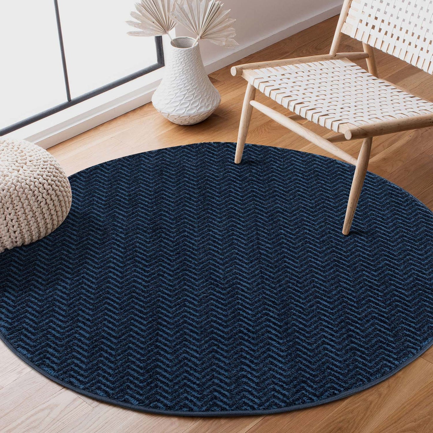 Tapis Rond uni à relief chevrons - Bleu