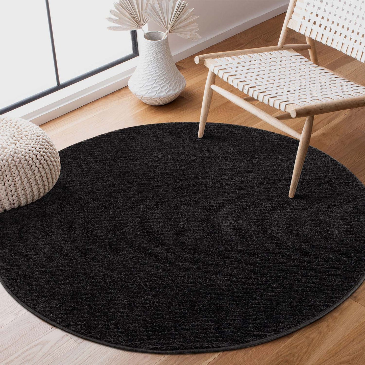 Tapis Rond uni à motifs lignes en relief - Anthracite