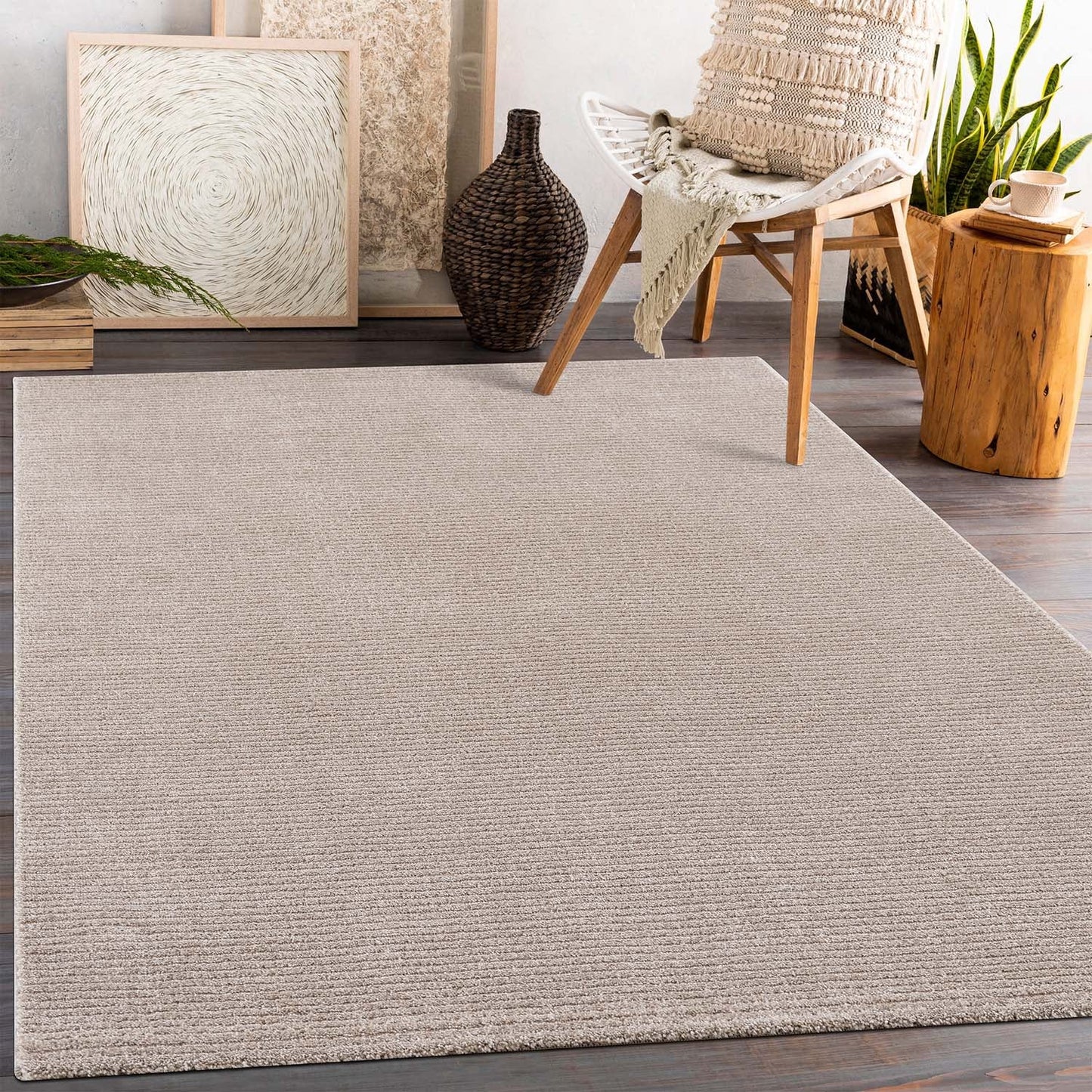 Tapis uni à motifs lignes en relief - Beige