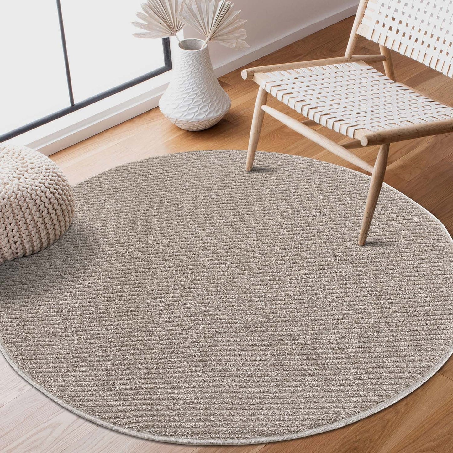 Tapis Rond uni à motifs lignes en relief - Beige