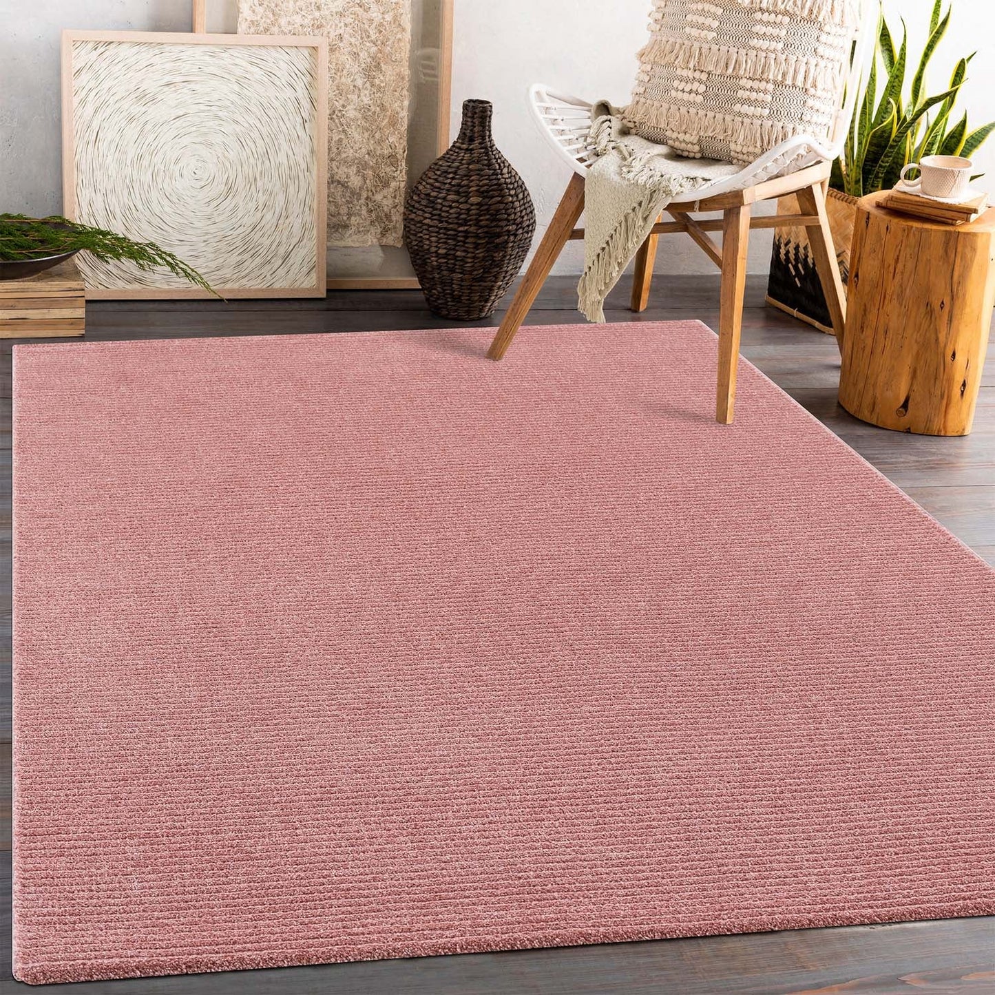 Tapis uni à motifs lignes en relief - Rose