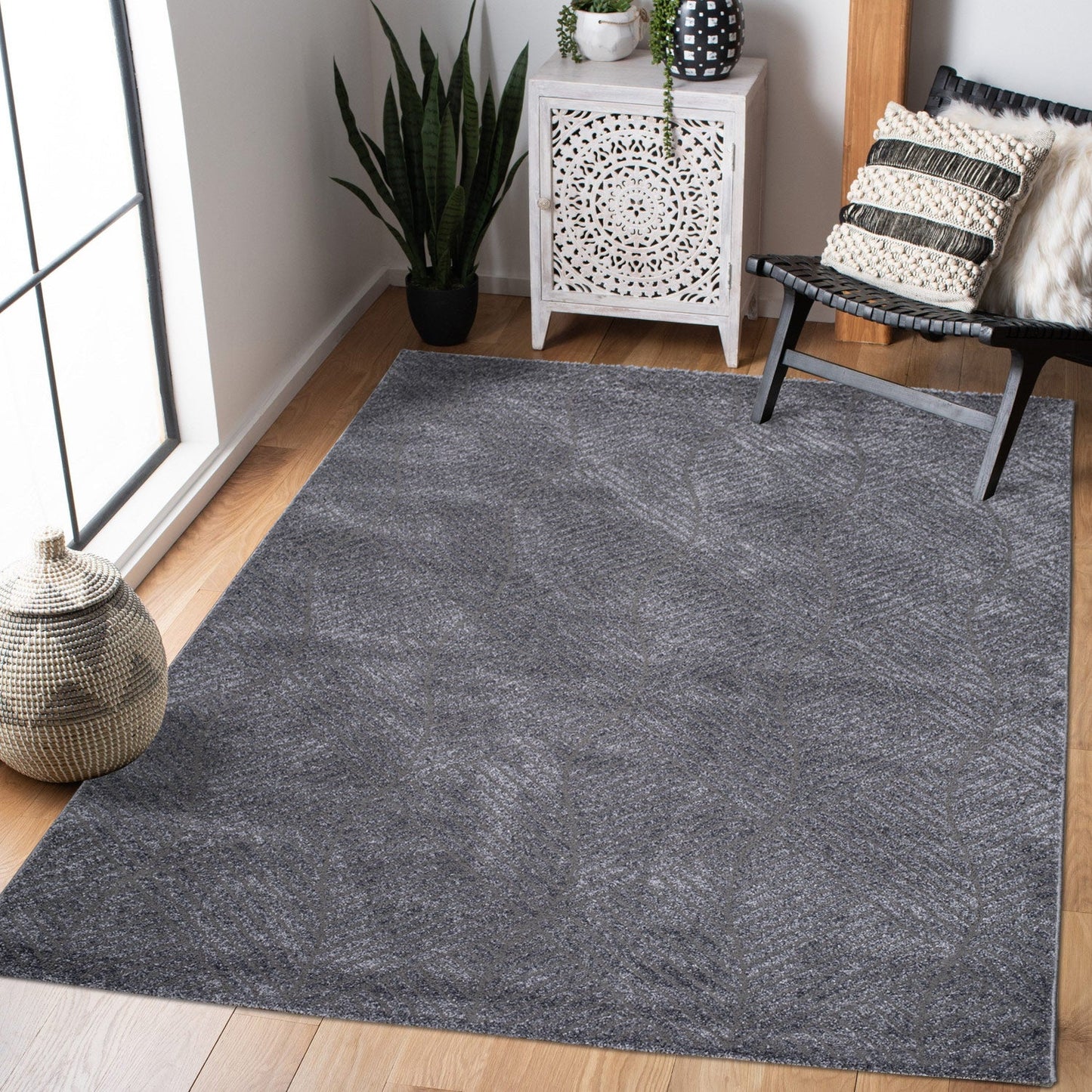 Tapis uni à motifs géométrique en relief - Gris