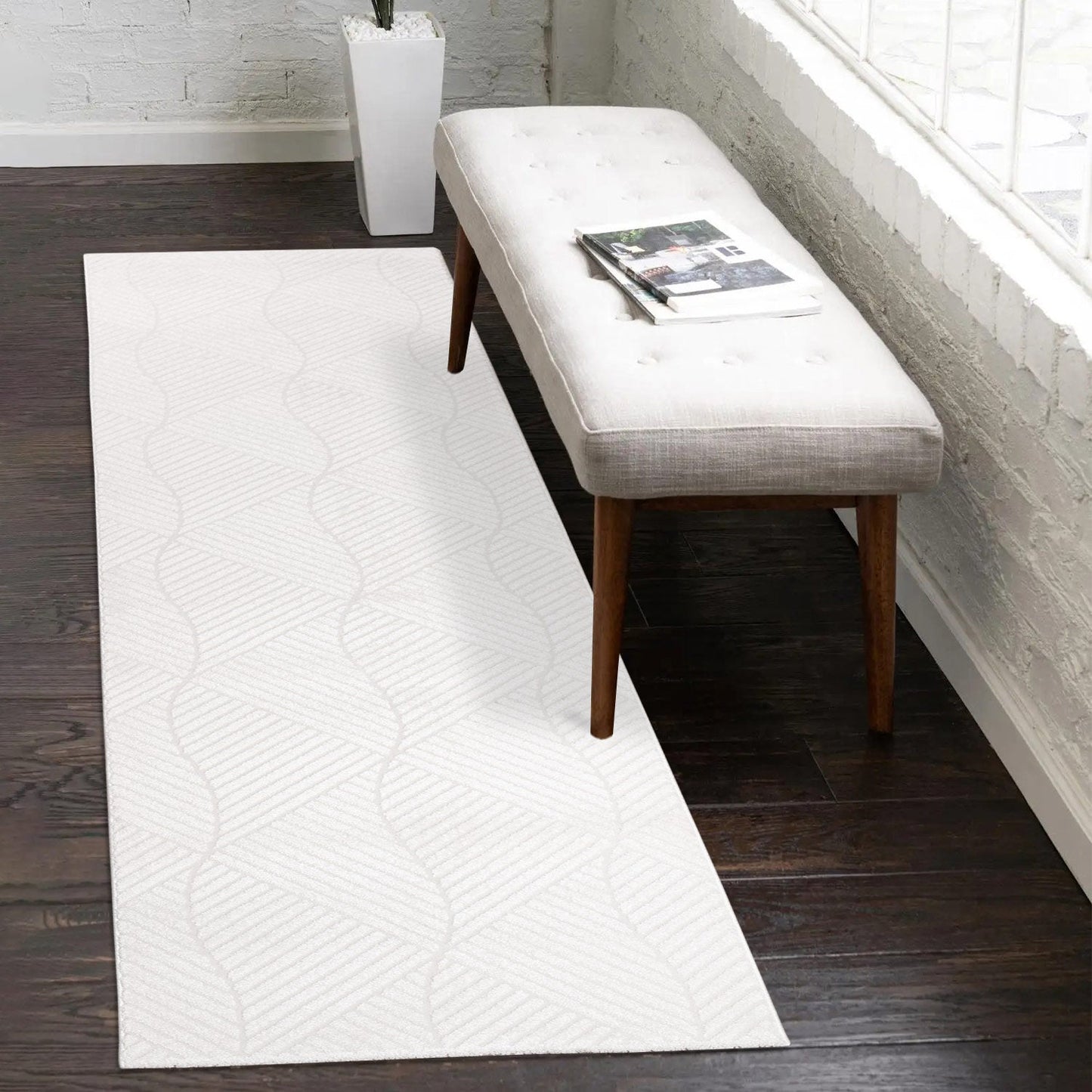 Tapis uni à motifs géométrique en relief - Blanc