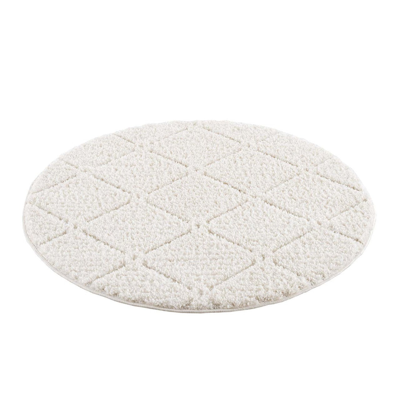 tapis rond crème à poils longs et motifs relief