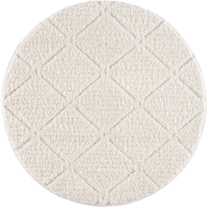 tapis rond crème à poils longs et motifs relief