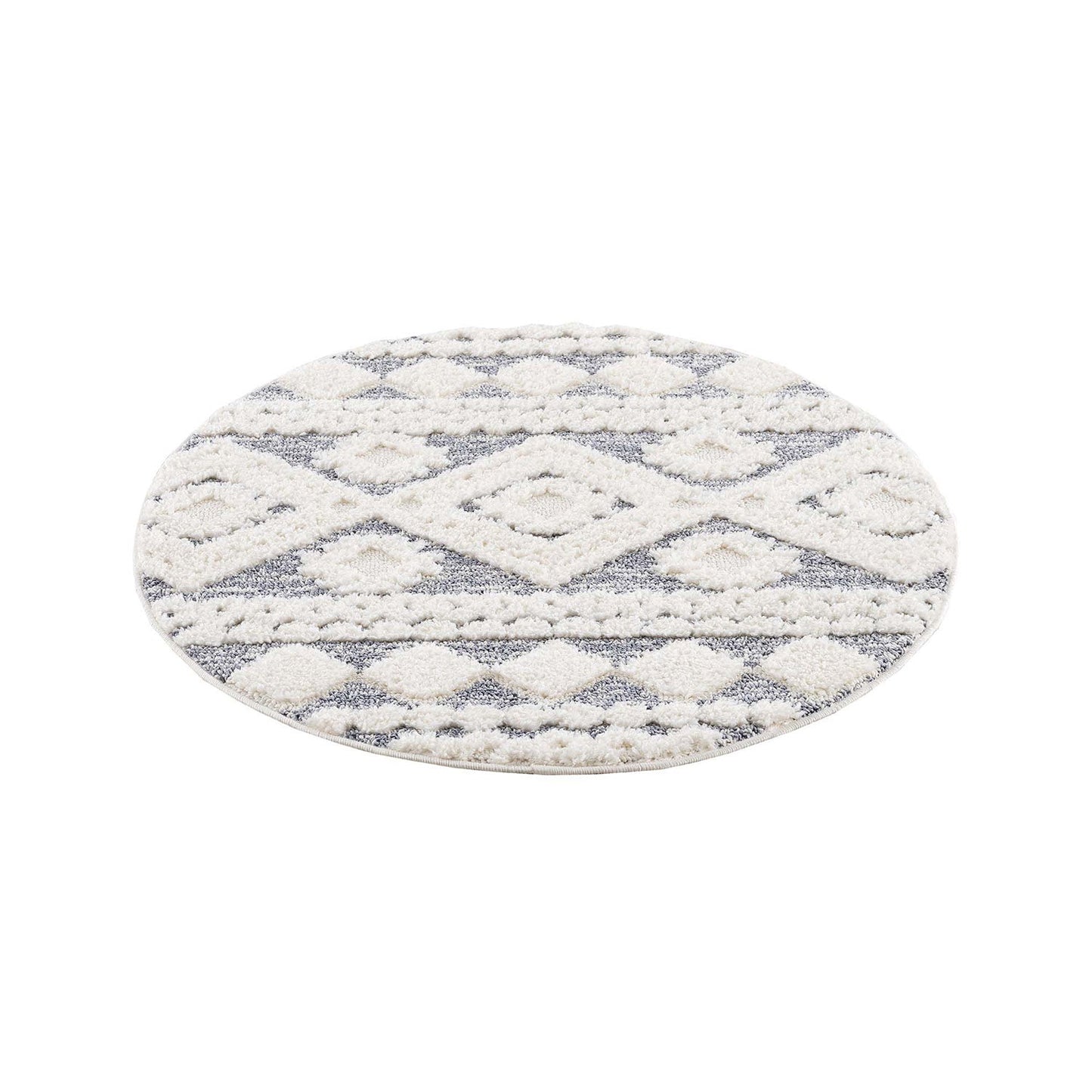 tapis rond gris à poils longs et motifs relief