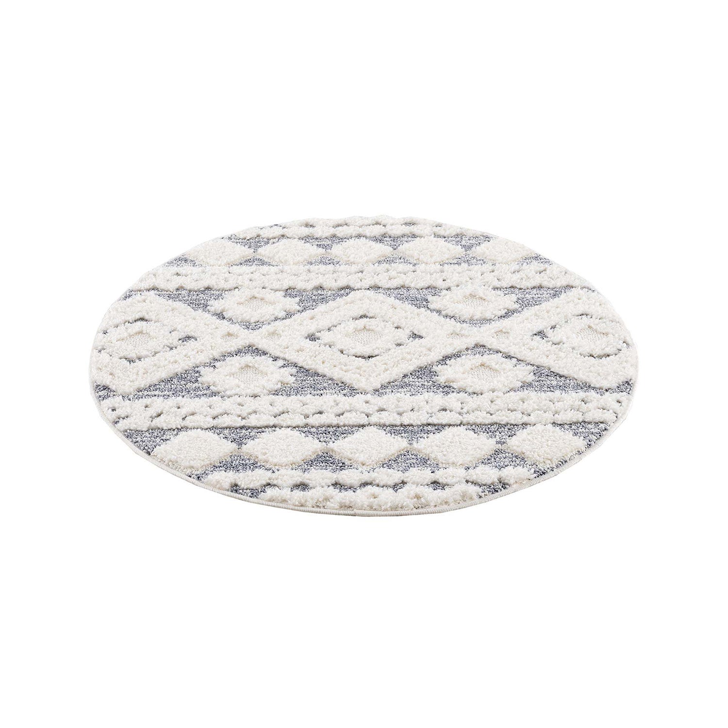 tapis rond gris à poils longs et motifs relief