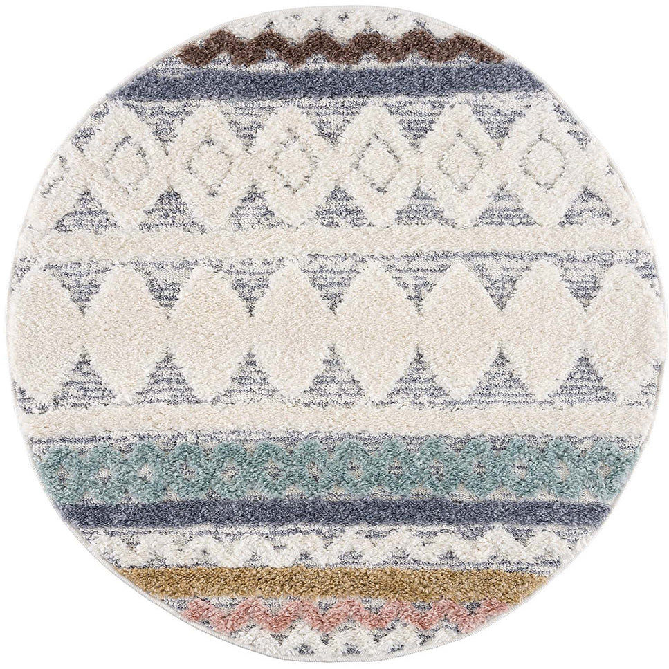 tapis rond multicolore à poils longs et motifs relief