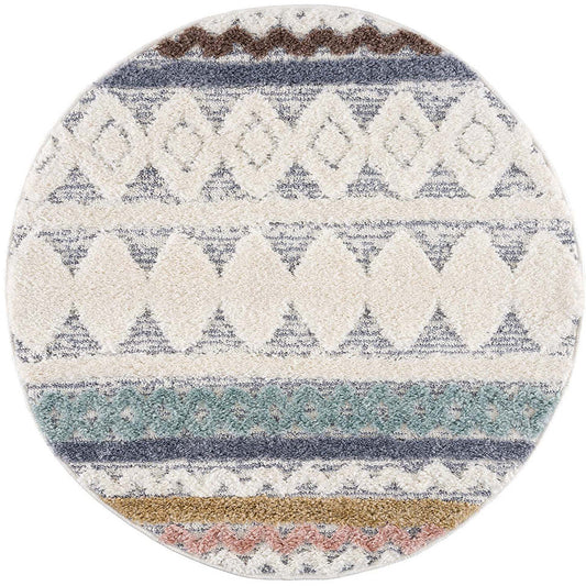 tapis rond multicolore à poils longs et motifs relief