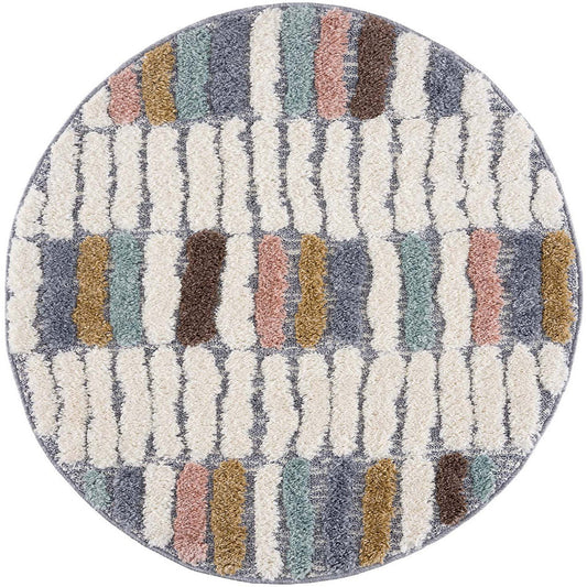 tapis rond multicolore à poils longs et motifs relief