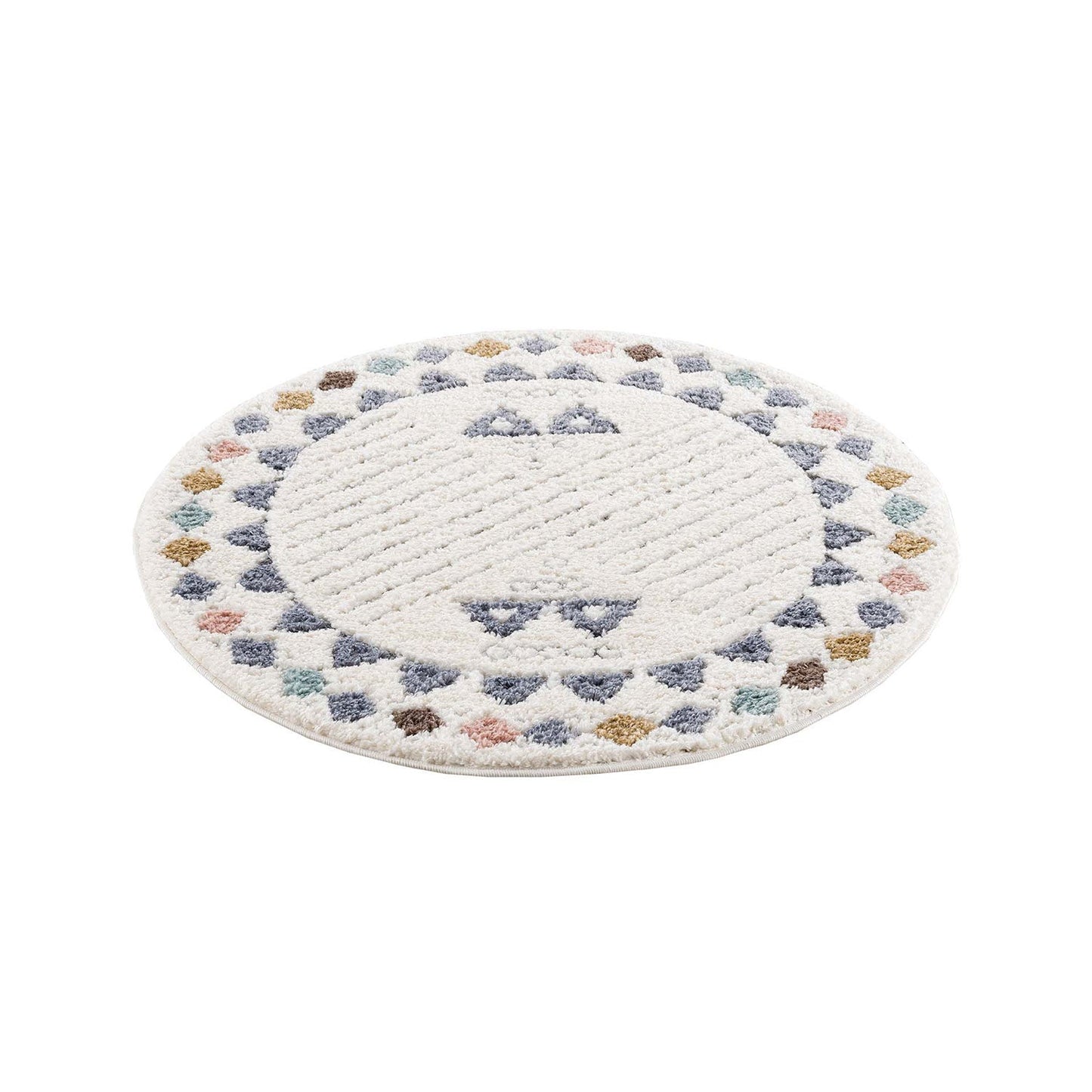 tapis rond multicolore à poils longs et motifs relief