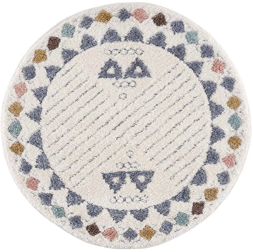 tapis rond multicolore à poils longs et motifs relief