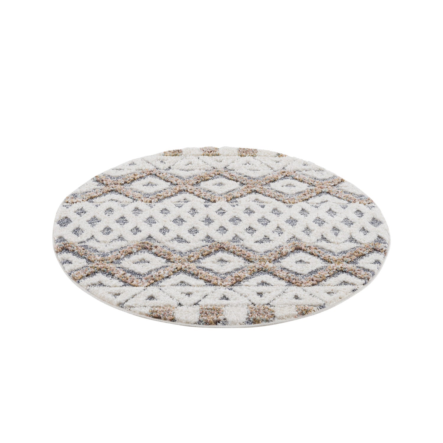 tapis rond gris à poils longs et motifs relief