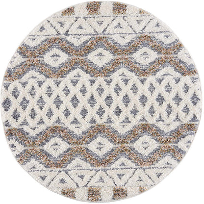 tapis rond gris à poils longs et motifs relief