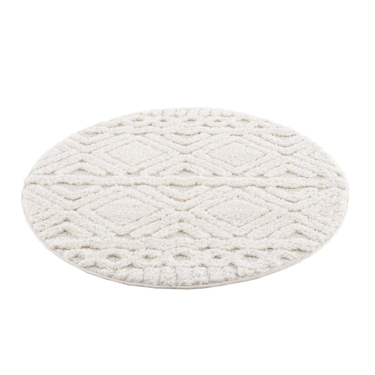 tapis rond crème à poils longs et motifs relief