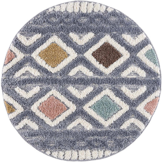 tapis rond multicolore à poils longs et motifs relief