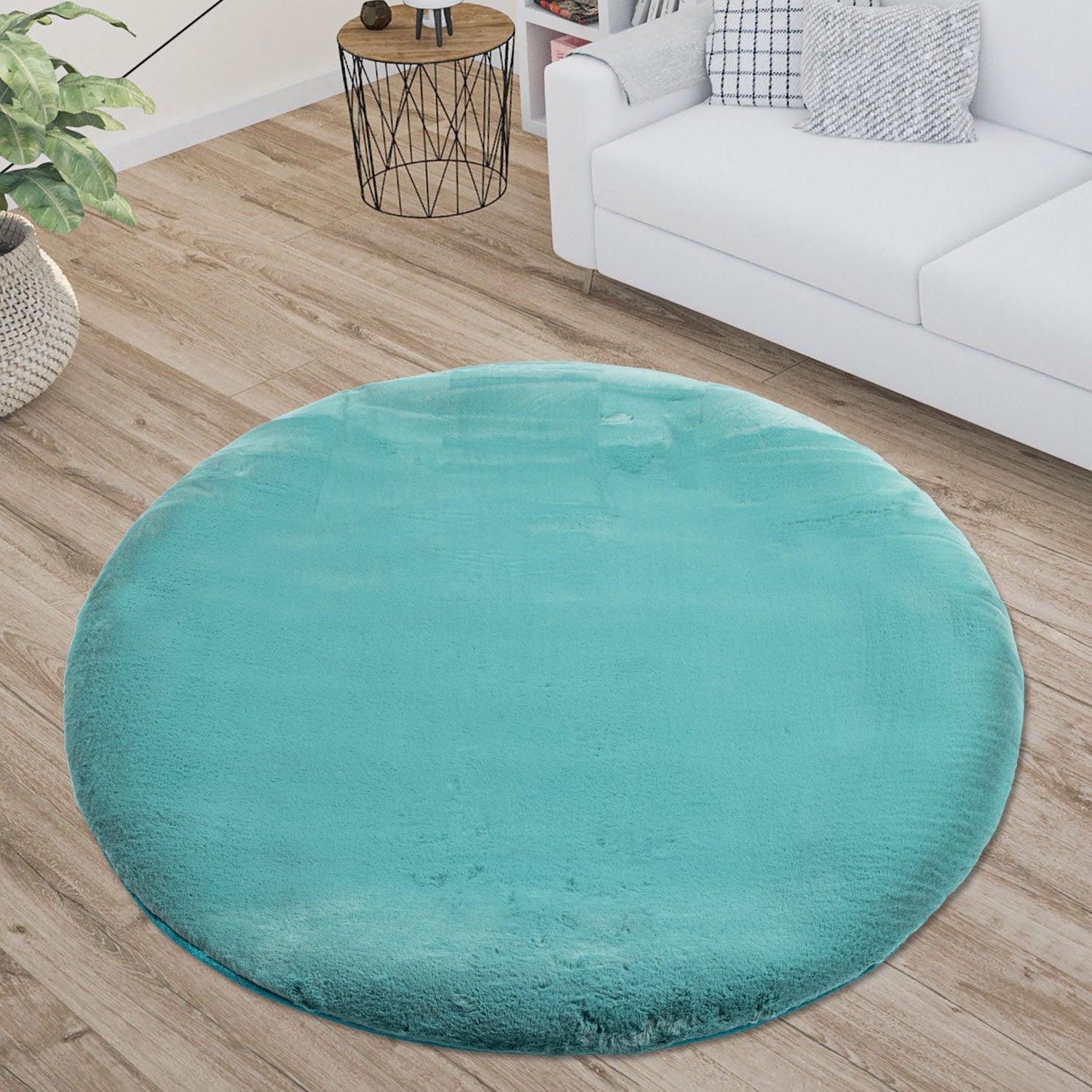 Tapis de Fourrure Rond Velours BleuVert – STUDIO DECO