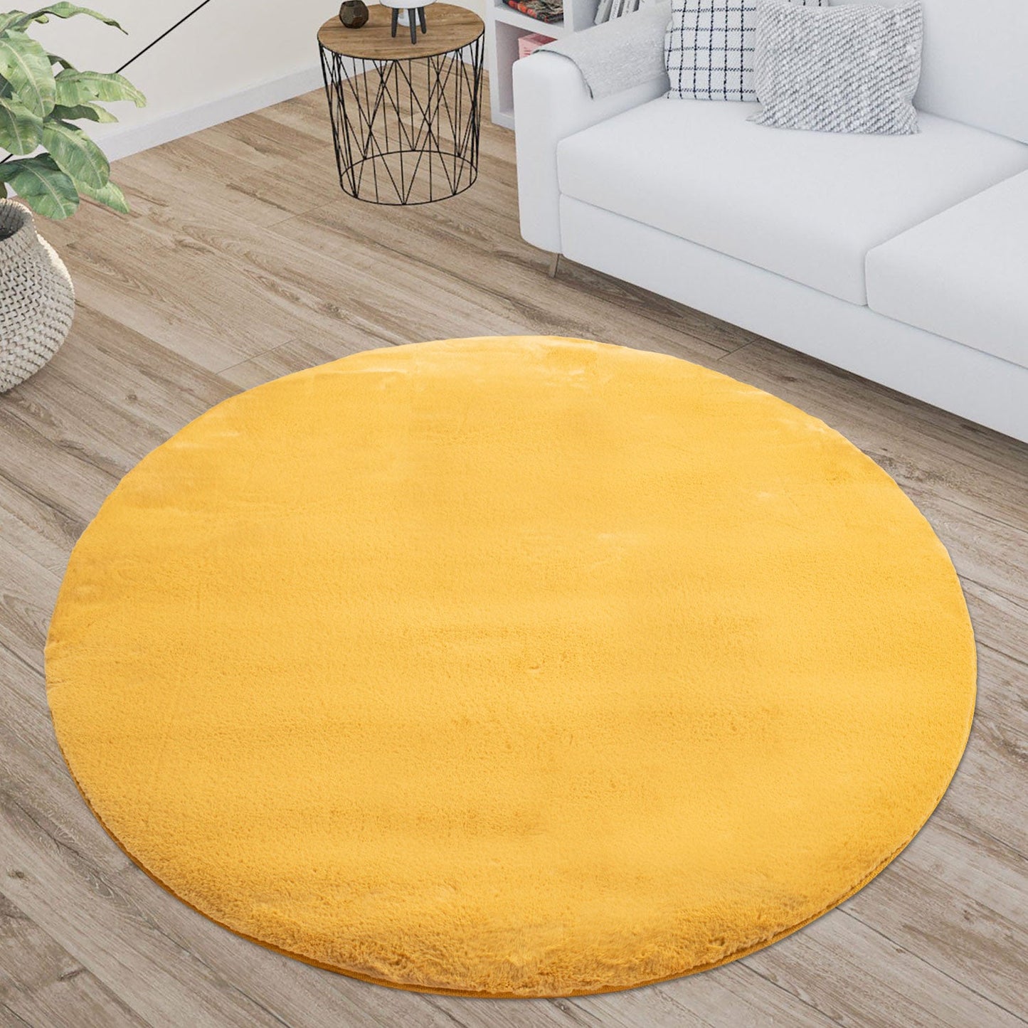 Tapis de Fourrure Rond Velours Jaune Poussin